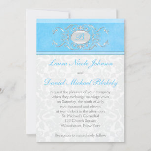 Blue, White, and Grey Damask Monogrammed Invitation