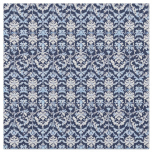 Blue White and Grey Damask William Morris Style Fabric