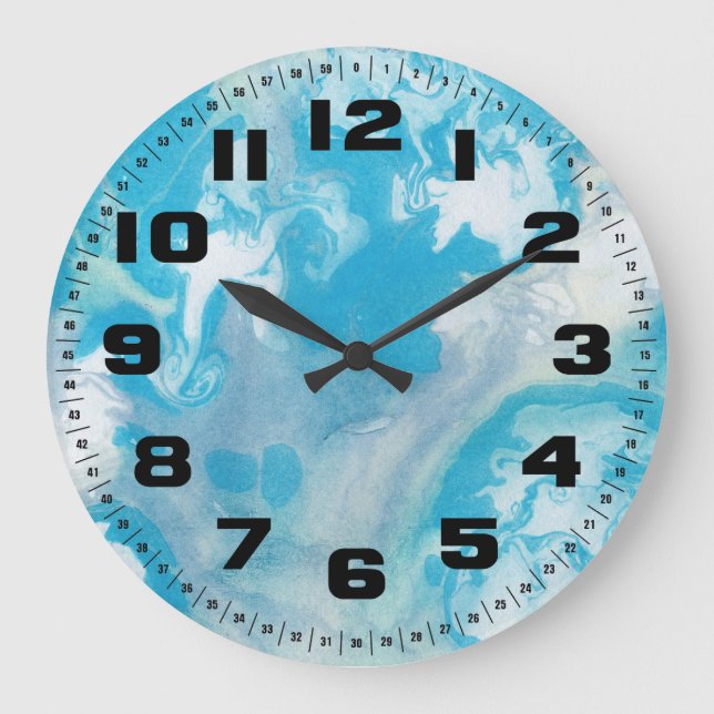 Blue White and Grey Marble Pattern Large Clock (Front)
