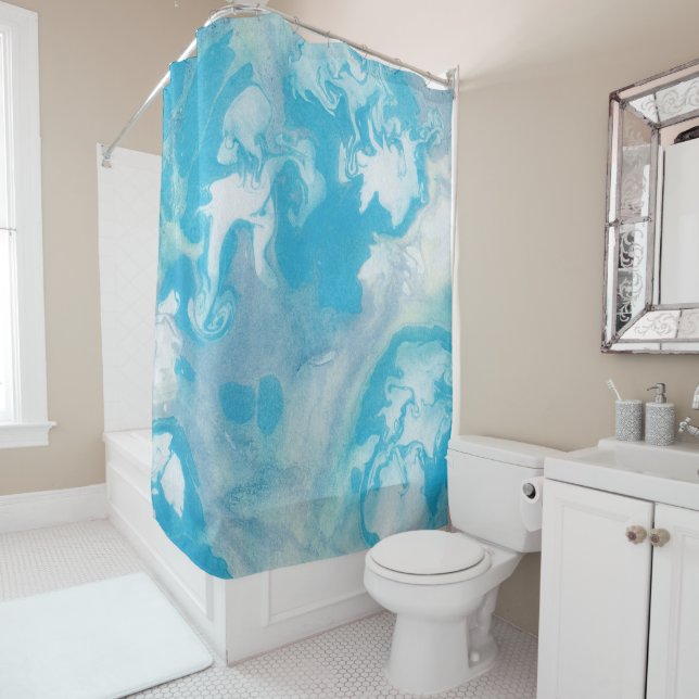Blue White and Grey Marble Pattern Shower Curtain (In Situ)