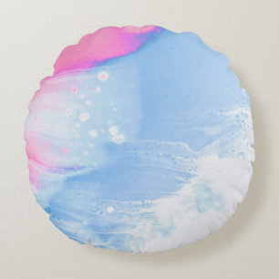 Blue white and pink abstract painting round cushion