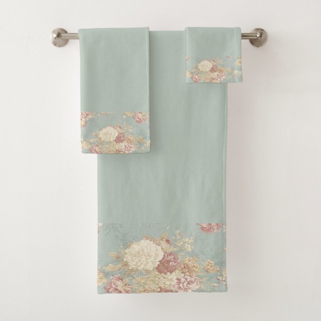Blue White and Pink Floral Shabby Chic Bath Towel Set (Insitu)