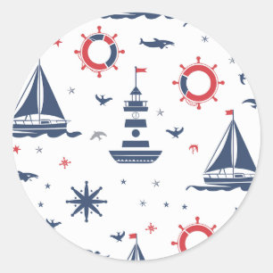 Blue, white and red nautical design classic round sticker