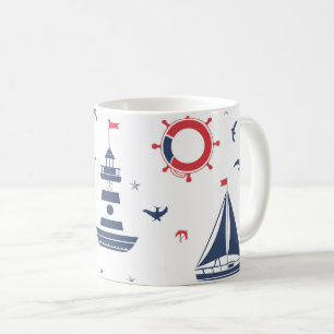 Blue, white and red nautical design coffee mug