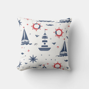 Blue, white and red nautical design cushion