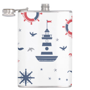 Blue, white and red nautical design hip flask