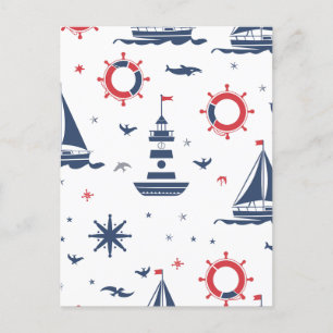 Blue, white and red nautical design postcard