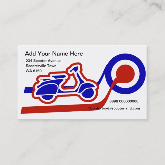 Blue white and red scooter boy or girl contact business card (Front)