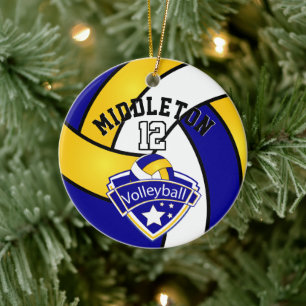 Blue, White and Yellow Sport Logo Volleyball Ceramic Ornament