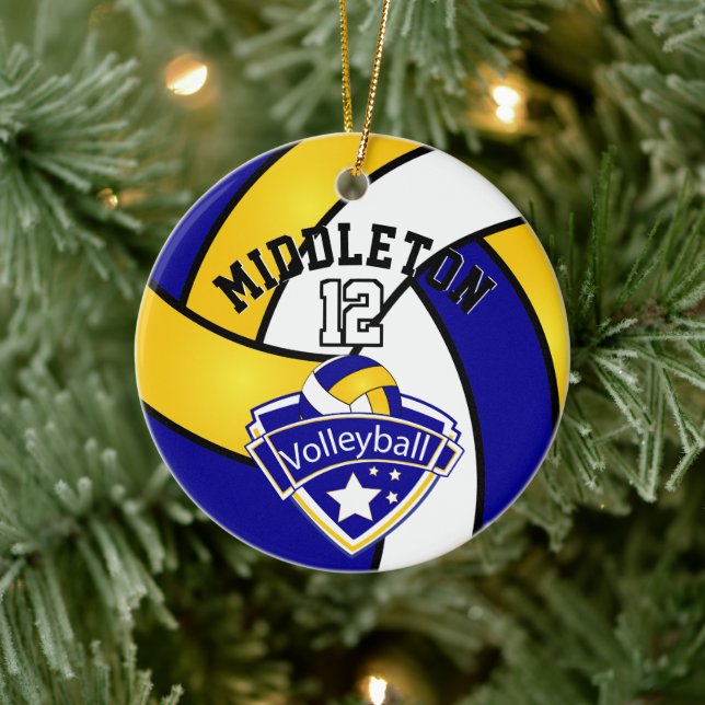 Blue, White and Yellow Sport Logo Volleyball Ceramic Ornament (Tree)
