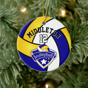 Blue, White and Yellow Sport Logo Volleyball Ceramic Ornament