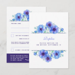 Blue white anemone floral wedding QR reply RSVP Card