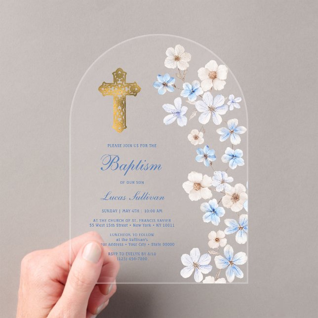 Blue White Anemones Arch Baptism Acrylic Invitations (Insitu (Handheld))