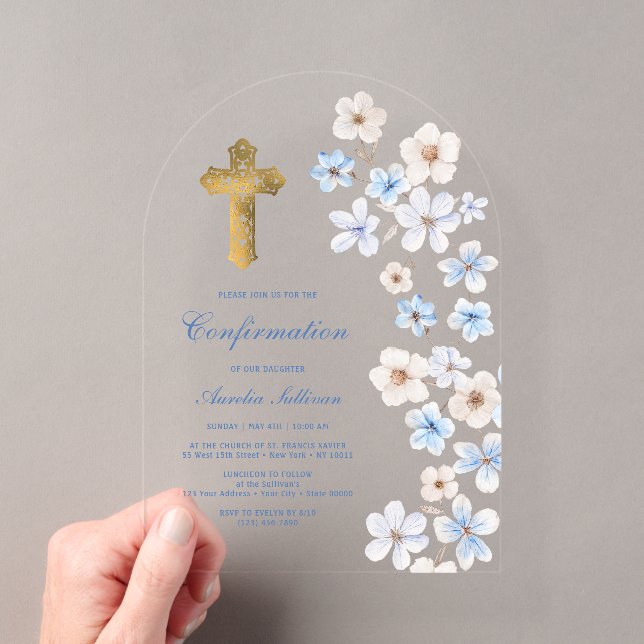 Blue White Anemones Arch Confirmation Acrylic Invitations (Insitu (Handheld))
