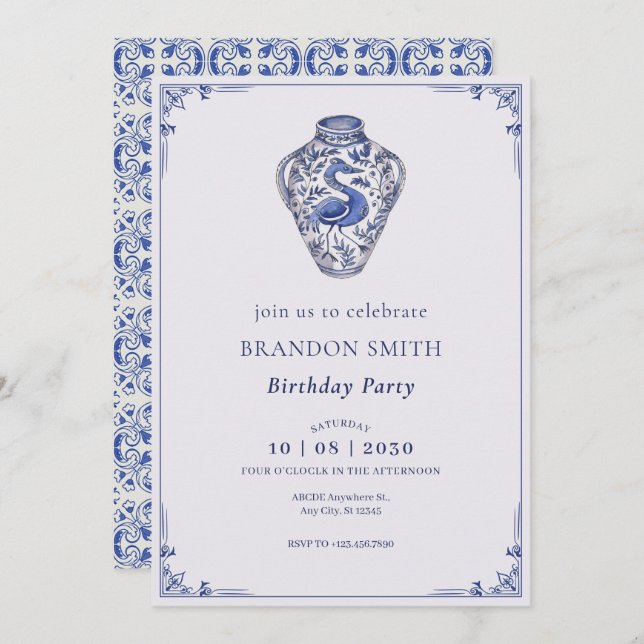 Blue white antique vase art birthday  invitation (Front/Back)