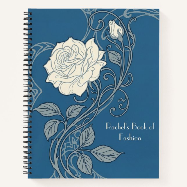 Blue & White Art Nouveau Rose Notebook (Front)