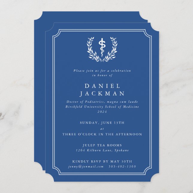 Blue/White Asclepius Medical School Graduation Invitation (Front/Back)