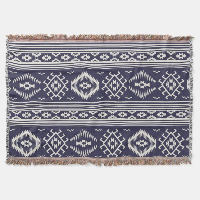 Blue white Aztec pattern throw blanket (Front)