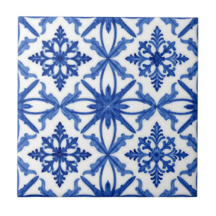 Blue White Azulejo Tile Floral Pattern