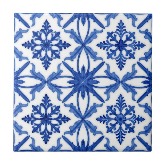 Blue White Azulejo Tile Floral Pattern (Front)