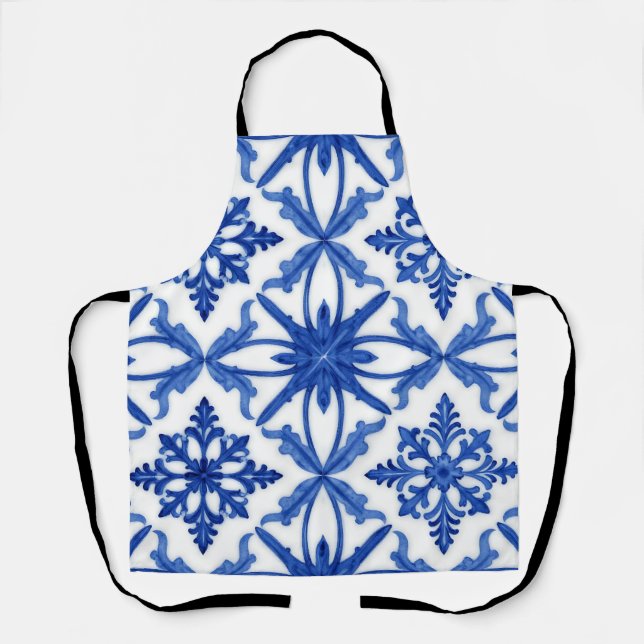 Blue White Azulejo Tile Floral Pattern Apron (Front)
