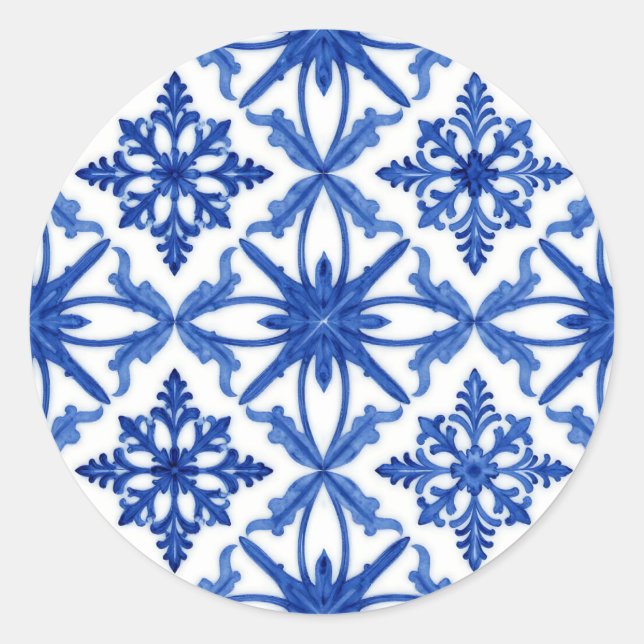 Blue White Azulejo Tile Floral Pattern Classic Round Sticker (Front)