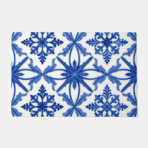 Blue White Azulejo Tile Floral Pattern Doormat
