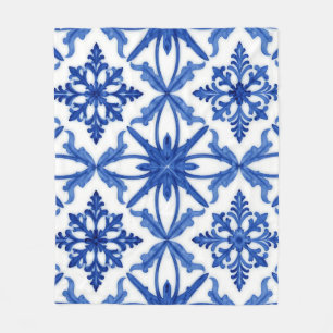 Blue White Azulejo Tile Floral Pattern Fleece Blanket