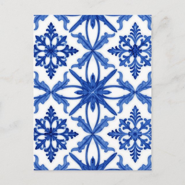 Blue White Azulejo Tile Floral Pattern Postcard (Front)