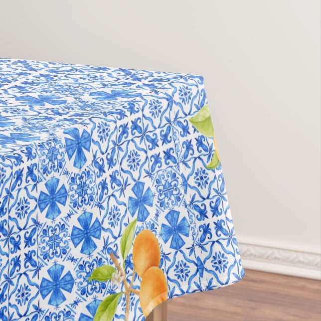 Blue & White Azulejo Tiles with Oranges Tablecloth (In Situ)