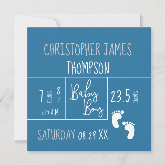 Blue White Baby Boy Photo Birth Announcement (Front)