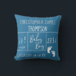 Blue White Baby Boy Photo Birth Announcement Cushion<br><div class="desc">Personalised with baby boy's photo on the back and the font is an elegant and modern mix of typography announcing baby's full name, birth date, weight, length, time of birth. "Baby boy" is done in a hand lettering script font in the middle. The colours can be interchanged if you need...</div>