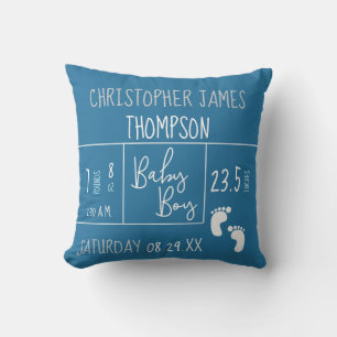 Blue White Baby Boy Photo Birth Announcement Cushion