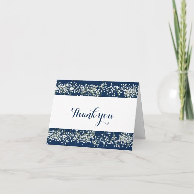 Blue & White Babys Breath Wedding Thank You Card (Front)