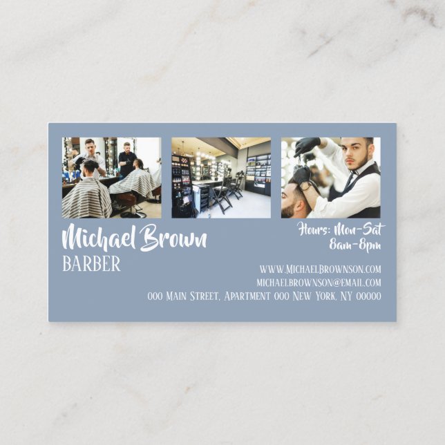 Blue White Barber pole supply shop custom photo Business Card (Back)