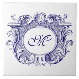 Blue & White Baroque Cartouche Shell Monogram Ceramic Tile