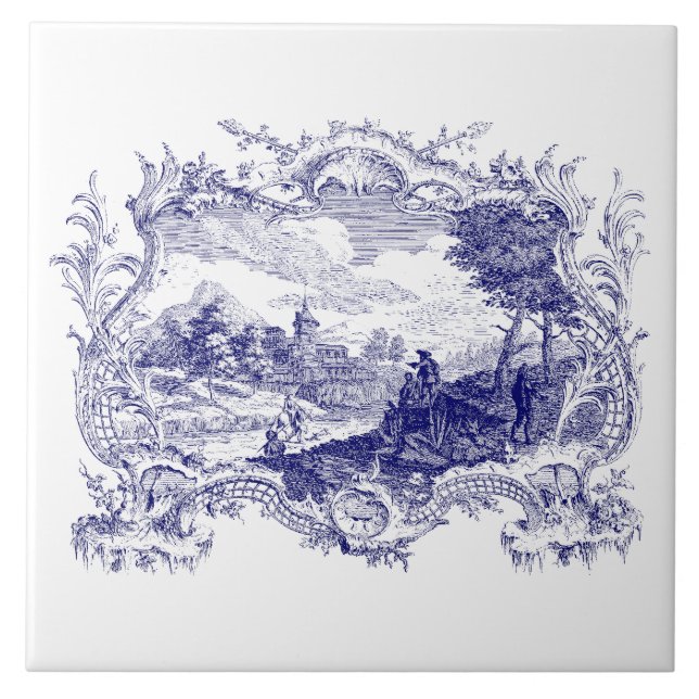 Blue & White Baroque Rococo Cartouche Castle Ceramic Tile (Front)