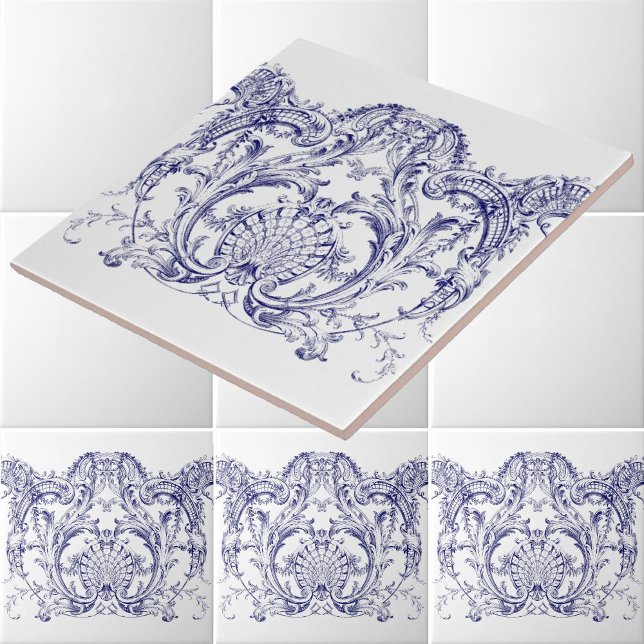 Blue & White Baroque Rococo Cartouche Frieze Ceramic Tile (Creator Uploaded)
