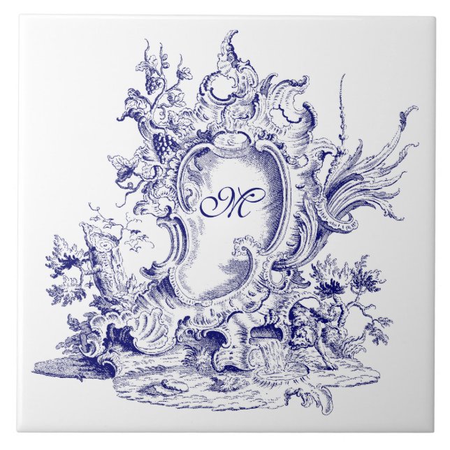 Blue & White Baroque Rococo Cartouche Monogram Ceramic Tile (Front)