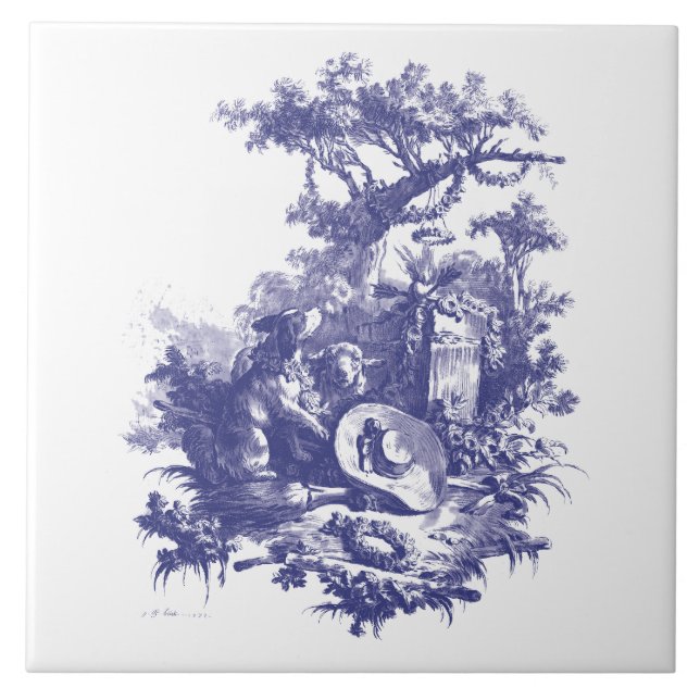 Blue & White Baroque Rococo Dog & Sheep Landscape Ceramic Tile (Front)