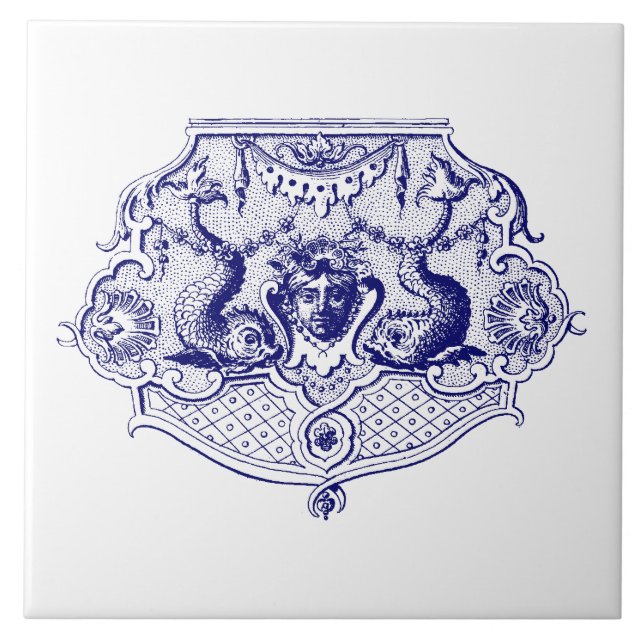 Blue & White Baroque Rococo Dolphin Cartouche Ceramic Tile (Front)