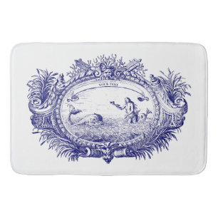 Blue & White Baroque Rococo Mermaid Fish Cartouche Bath Mat