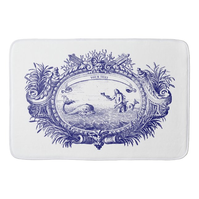 Blue & White Baroque Rococo Mermaid Fish Cartouche Bath Mat (Front)