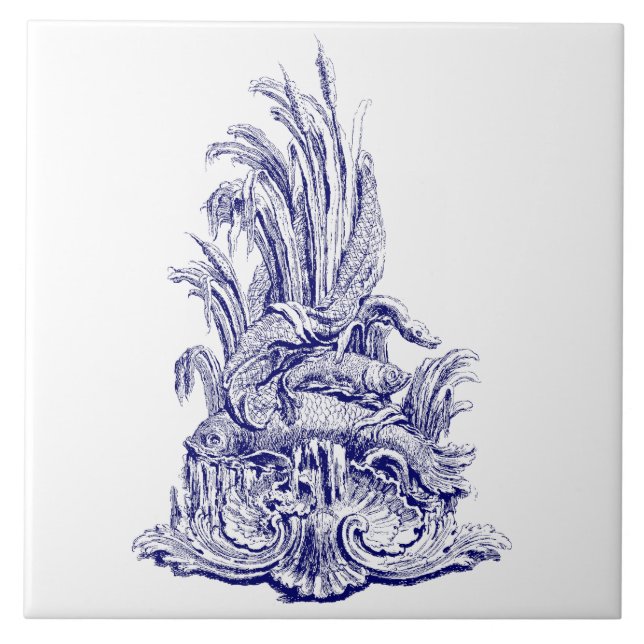 Blue & White Baroque Rococo Rocaille Fish Fountain Ceramic Tile (Front)
