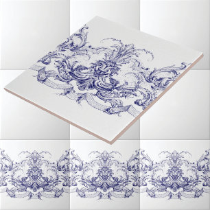 Blue & White Baroque Rococo Rocaille Frieze Ceramic Tile
