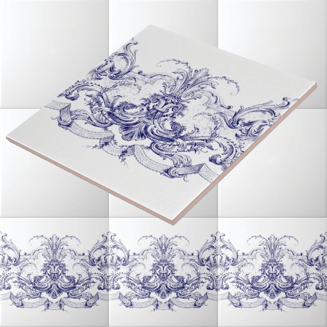 Blue & White Baroque Rococo Rocaille Frieze Ceramic Tile (Creator Uploaded)