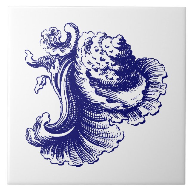 Blue & White Baroque Rococo Rocaille Sea Shell Ceramic Tile (Front)