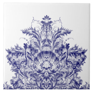 Blue & White Baroque Rococo Rocaille Shell  Frieze Ceramic Tile