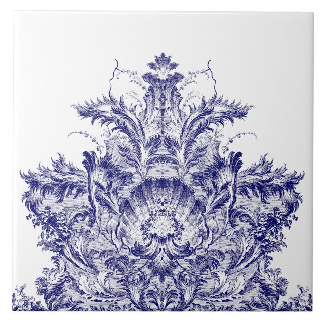 Blue & White Baroque Rococo Rocaille Shell  Frieze Ceramic Tile (Front)