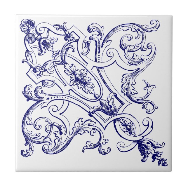 Blue & White Baroque Rococo Seashells Pattern b Ceramic Tile (Front)